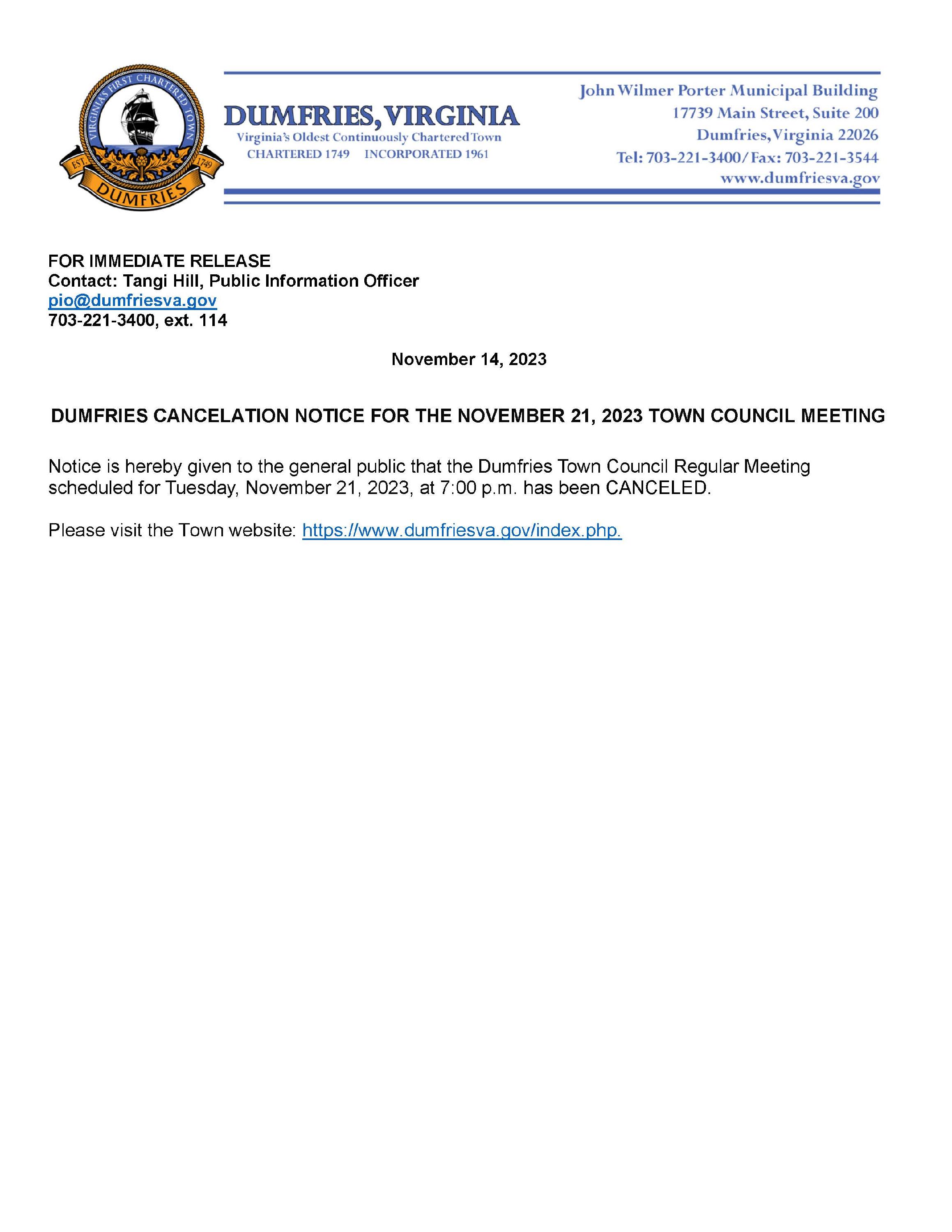 Town Council Meeting Cancellation Notice 11212023